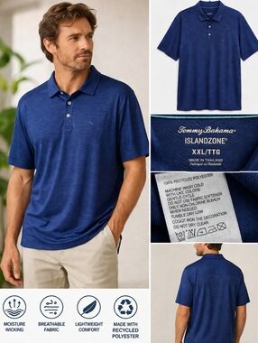 Tommy Bahama IslandZone Polo Shirt Men XXL Blue Performance Short Sleeve Golf.